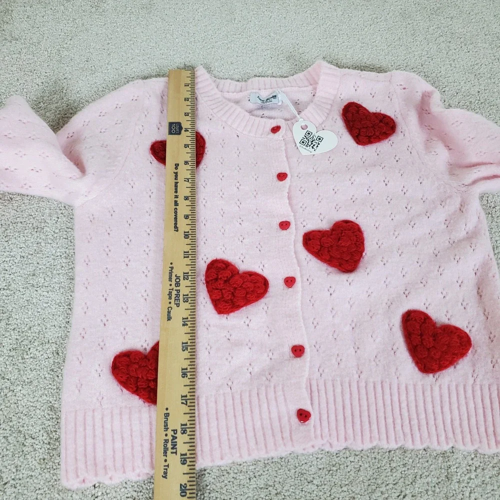 Love Knits Cardigan Girls Medium Pink Heart Applique Pointelle Knit Sweater NWTG
